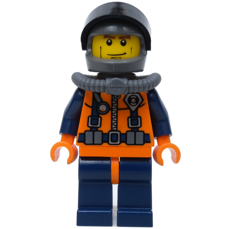 Plongeur des garde-côtes, combinaison orange avec badge garde-côte, casque gris foncé avec visière (Coast Guard Diver, Orange Wetsuit with Coast Guard Badge, Dark Gray Helmet with Visor)