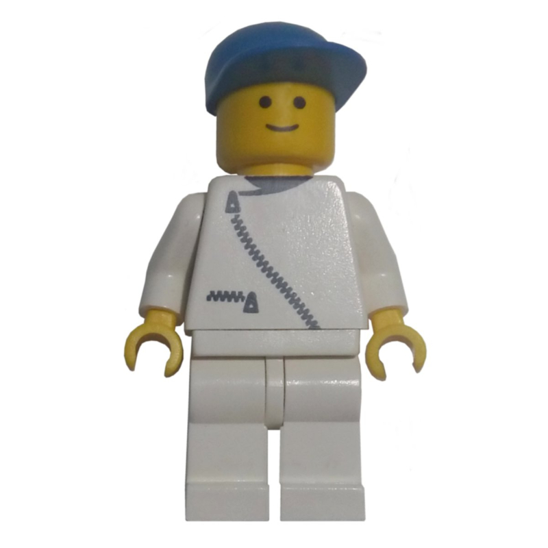 Homme, veste blanche avec fermeture éclair, jambes blanches, casquette bleue (Man, White Jacket with Zipper, White Legs, Blue Cap)