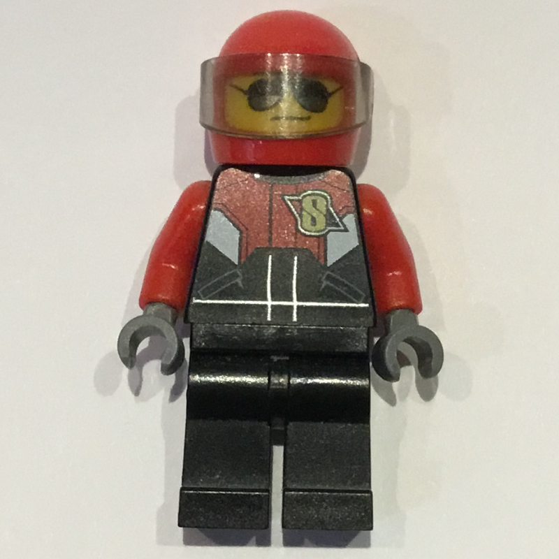 Combinaison pilote, rouge, noir et blanc, casque rouge avec visière, lunettes de soleil (Pilot, Red, Black, and White Jumpsuit, Red Helmet with Visor, Sunglasses)