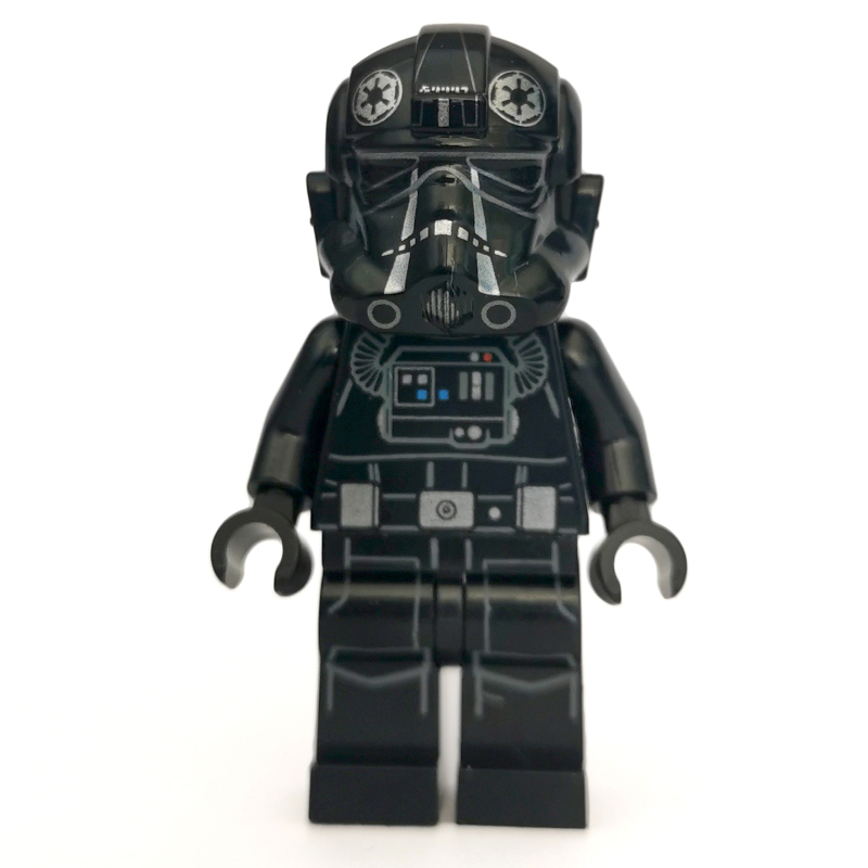Pilote TIE, jambes imprimées, deux rayures argentées sur le casque, pochettes de ceinture argentées, bouche ouverte (TIE Pilot, Printed Legs, Two Silver Stripes on Helmet, Silver Belt Pouches, Open Mouth)