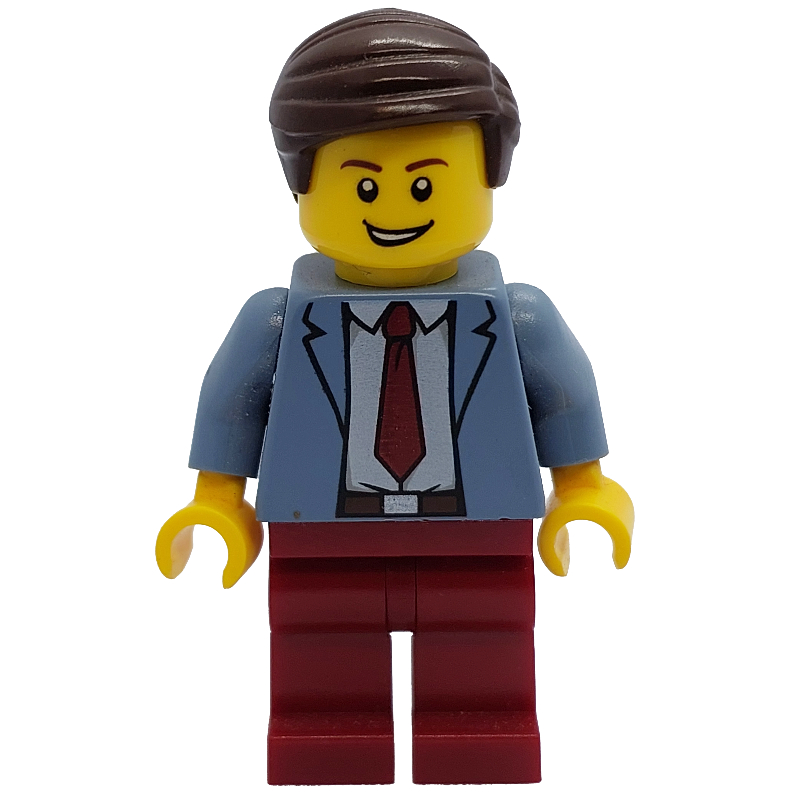 Homme, veste bleu sable, cravate rouge foncé et jambes (Man, Sand Blue Jacket, Dark Red Tie and Legs)