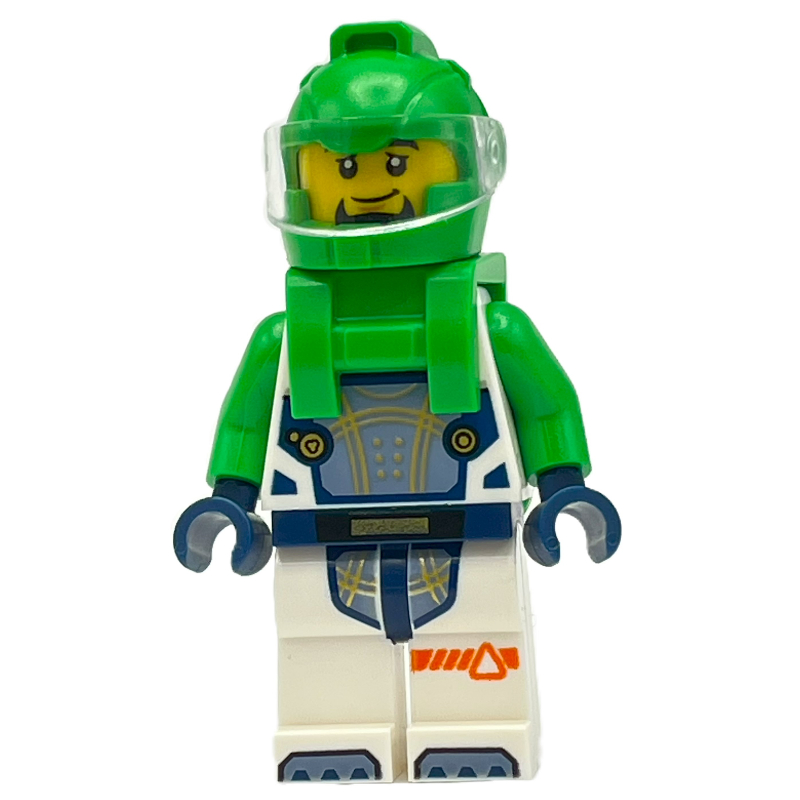 Astronaute, combinaison spatiale blanche, sac à dos vert vif et casque, bouc (Astronaut, White Spacesuit, Bright Green Backpack and Helmet, Goatee)