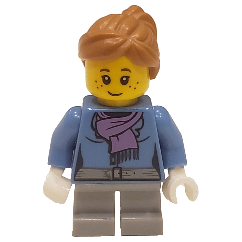 Fille, veste bleu moyen avec écharpe lavande moyen, courtes jambes gris bleuté clair (Girl, Medium Blue Jacket with Medium Lavender Scarf, Short Light Bluish Gray Legs)
