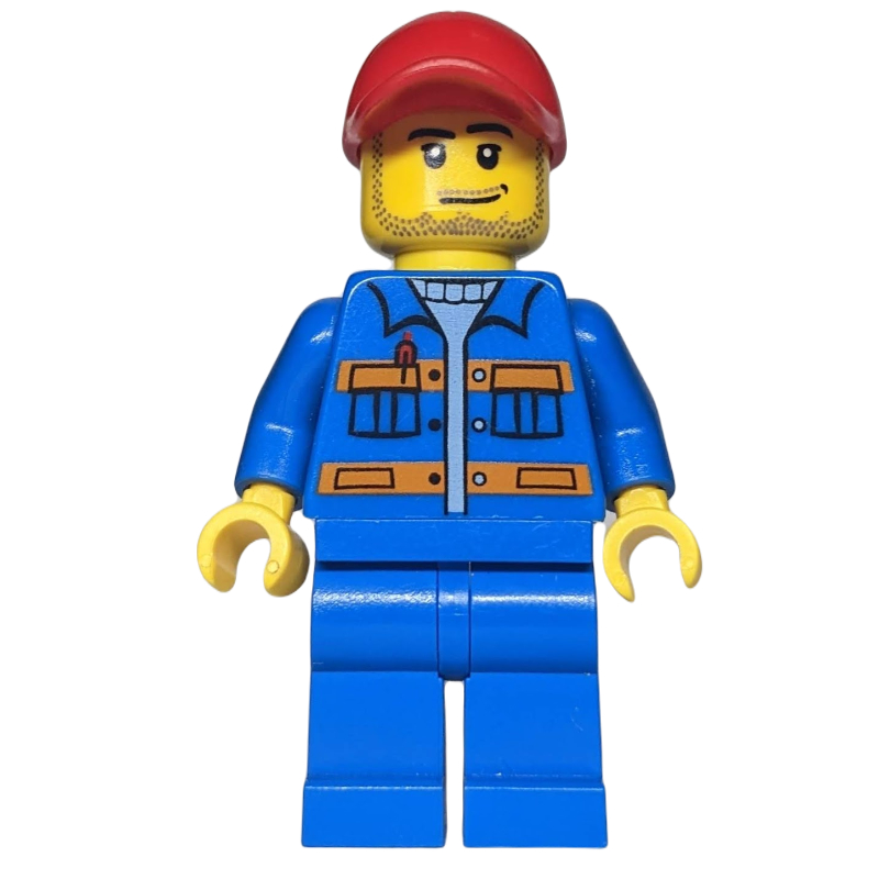 Ouvrier de chantier, veste bleue avec rayures orange, jambes bleues, casquette rouge, barbe naissante (Construction Worker, Blue Jacket with Orange Stripes, Blue Legs, Red Cap, Stubble)