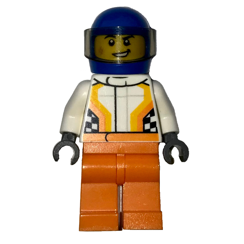 Pilote de course, combinaison blanche et orange, casque bleu avec visière (Racer, White and Orange Jumpsuit, Blue Helmet with Visor)