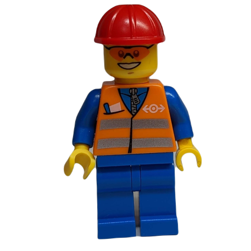 Employé ferroviaire — torse orange, jambes bleues, casque rouge (Train Worker - Orange Torso, Blue Legs, Red Helmet)