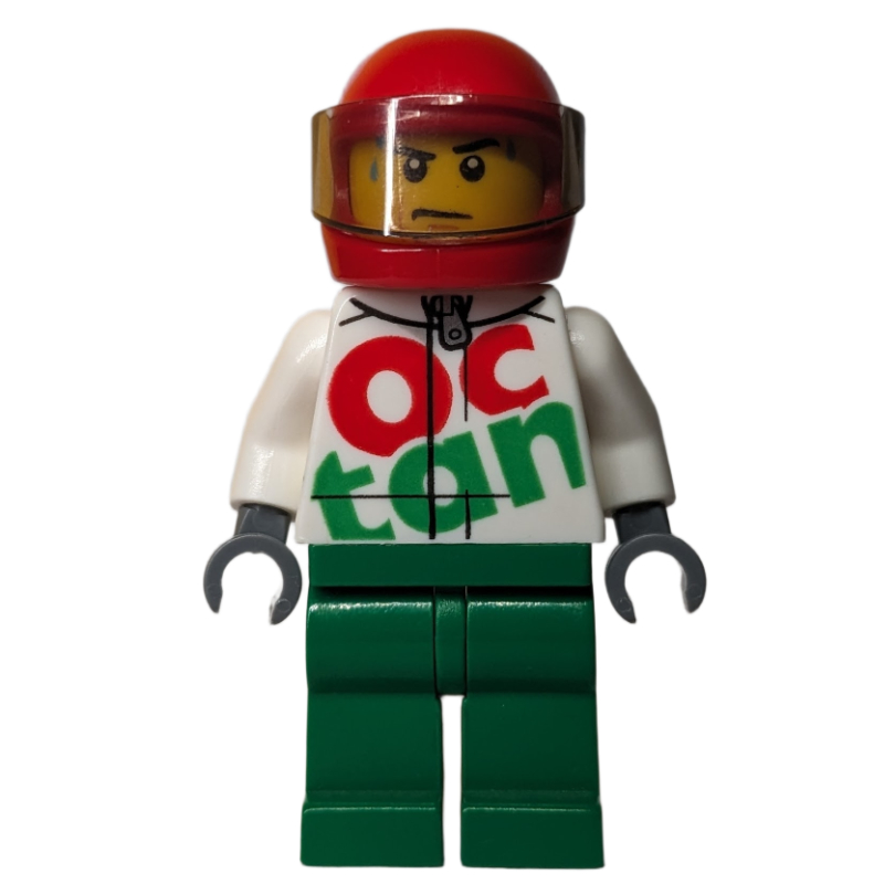 Pilote de course, combinaison blanche et verte avec grande inscription 'Octan', casque rouge avec visière, perles de sueur (Racer, White and Green Jumpsuit with Large 'Octan', Red Helmet with Visor, Sweat Beads)