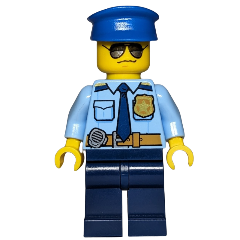 Policier, chemise bleu clair lumineux avec cravate bleu foncé, badge et radio à la ceinture, jambes bleu foncé, chapeau bleu, lunettes de soleil (Policeman, Bright Light Blue Shirt with Dark Blue Tie, Badge, and Radio on Belt, Dark Blue Legs, Blue Hat, Sunglasses)