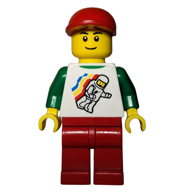 Torse blanc avec figurine de l'espace, jambes rouges, casquette rouge (White Torso with Space Figure, Red Legs, Red Cap)