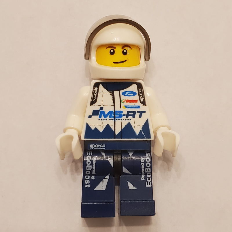 Pilote de course, torse blanc, jambes bleu foncé, casque blanc, gué (Race Driver, White Torso, Dark Blue Legs, White Helmet, Ford)