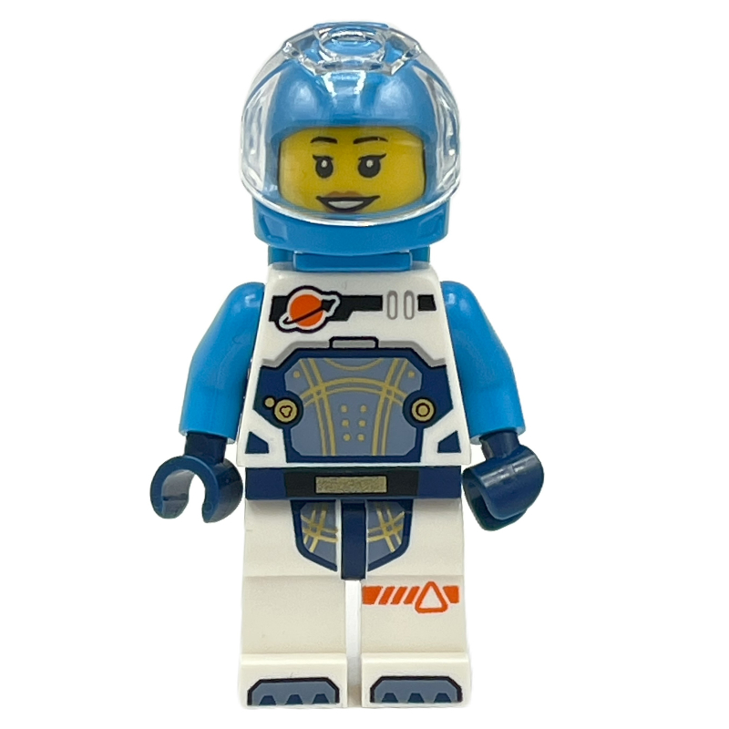 Astronaute, combinaison spatiale blanche et bleu foncé, sac à dos azur foncé et casque, écouteur (Astronaut, White and Dark Blue Spacesuit, Dark Azure Backpack and Helmet, Earpiece)
