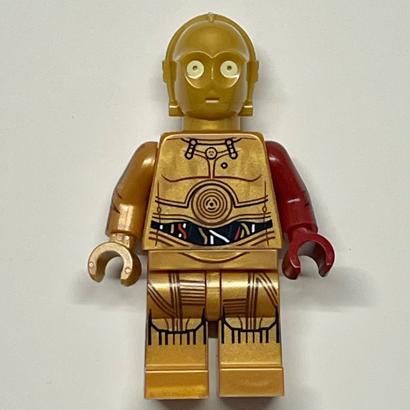 C-3PO, or perlé, fils colorés, jambes imprimées, bras gauche rouge foncé (C-3PO, Pearl Gold, Colorful Wires, Printed Legs, Dark Red Left Arm)
