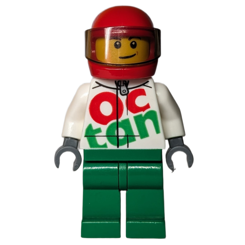 Racer ray, combinaison blanche et verte avec grande inscription 'Octan', casque rouge avec visière (Racer Ray, White and Green Jumpsuit with Large 'Octan', Red Helmet with Visor)