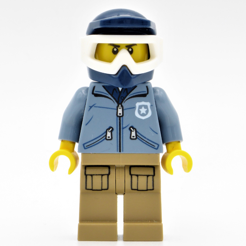 Policier, veste bleu sable avec poches et 'POLICE' à l'arrière, casque de vélo de terre bleu foncé avec lunettes (Policeman, Sand Blue Jacket with Pockets and 'POLICE' on Back, Dark Blue Dirt Bike Helmet with Goggles)