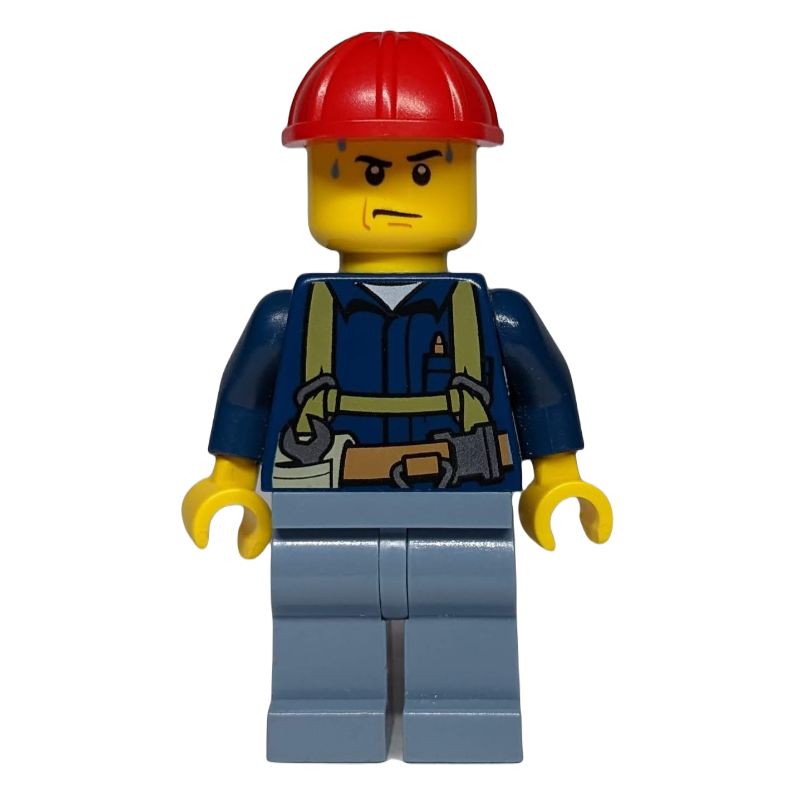 Ouvrier de chantier, chemise bleu foncé avec harnais, casque de chantier rouge, gouttes de sueur (Construction Worker, Dark Blue Shirt with Harness, Red Hard Hat, Sweat Drops)