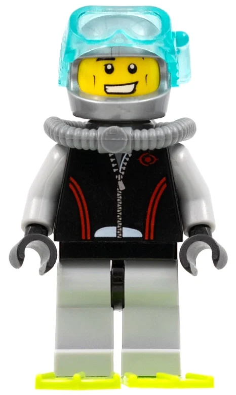 Plongeur, homme, combinaison noire et grise, casque avec masque, appareil respiratoire, bouteille d’air (Diver, Man, Black and Gray Wetsuit, Helmet with Mask, Breathing Apparatus, Airtank)