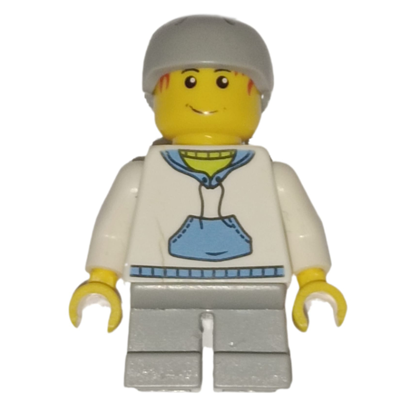 Garçon, sweat à capuche blanc et bleu, courtes jambes gris bleuté clair, casque gris bleuté clair (Boy, White and Blue Hoodie, Short Light Bluish Gray Legs, Light Bluish Gray Helmet)
