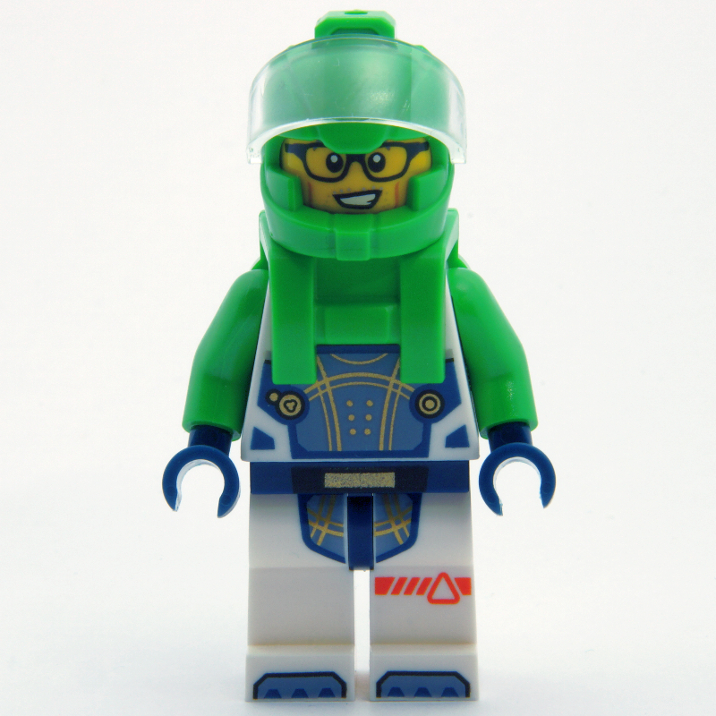 Astronaute, combinaison spatiale blanche, sac à dos vert vif et casque, lunettes (Astronaut, White Spacesuit, Bright Green Backpack and Helmet, Glasses)