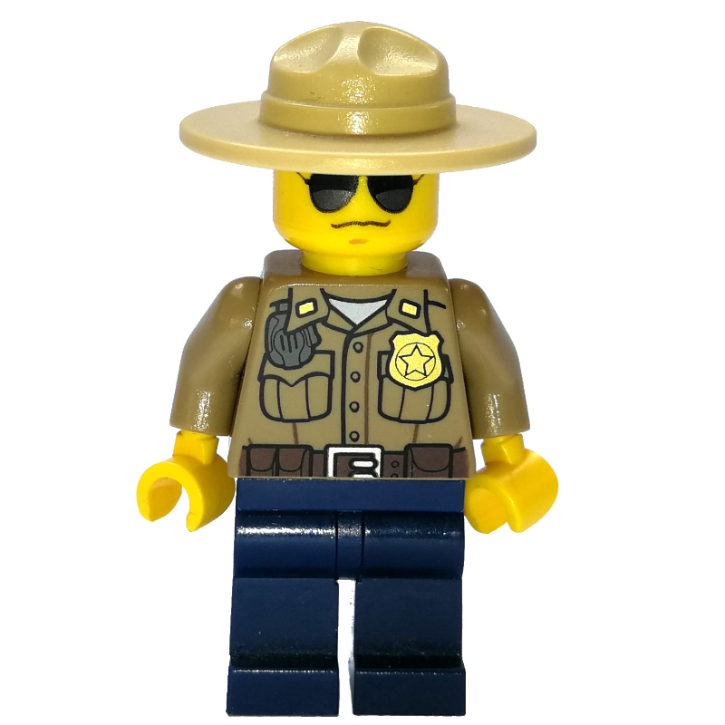 Police forestière / ranger, chemise beige foncé avec radio et badge, jambes bleu foncé, chapeau de campagne beige, lunettes de soleil (Forest Police / Ranger, Dark Tan Shirt with Radio and Badge, Dark Blue Legs, Tan Campaign Hat, Sunglasses)