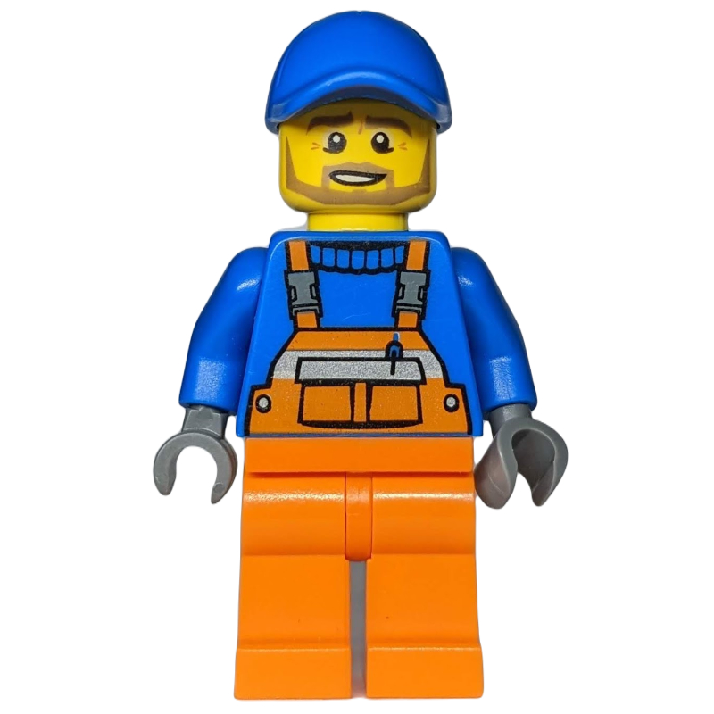Ouvrier de chantier, salopette orange sur pull bleu, casquette bleue, barbe beige foncé (Construction Worker, Orange Overalls over Blue Sweater, Blue Cap, Dark Tan Beard)