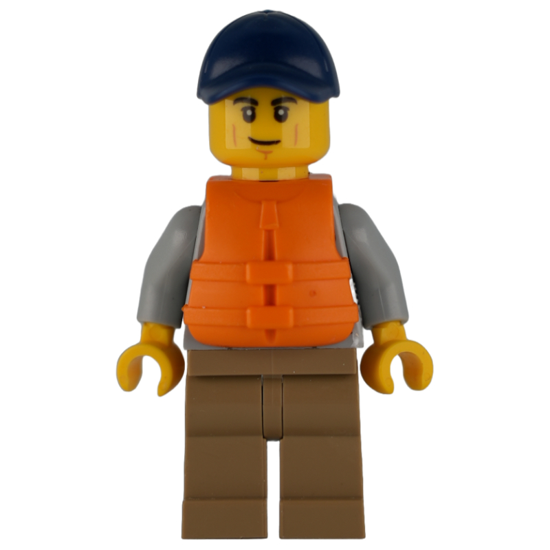 Homme, sweat à capuche gris bleuté clair sur chemise rouge foncé, jambes beige foncé, casquette bleu foncé, gilet de sauvetage orange (Man, Light Bluish Gray Hoodie over Dark Red Shirt, Dark Tan Legs, Dark Blue Cap, Orange Life Vest)