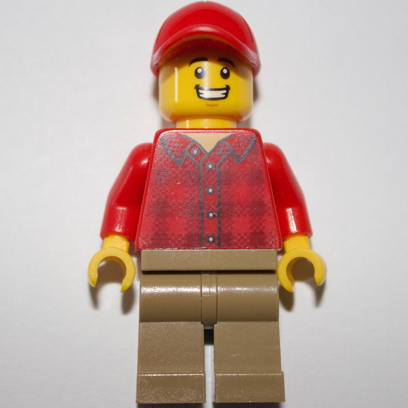 Homme, chemise en flanelle rouge, jambes beige foncé, casquette rouge (Man, Red Flannel Shirt, Dark Tan Legs, Red Cap)