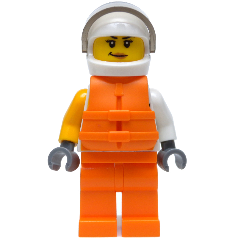 Pilote de course, femme, combinaison blanche et orange avec inscription 'VITA RUSH', casque blanc avec visière, gilet de sauvetage orange (Racer, Woman, White and Orange Jumpsuit with 'VITA RUSH', White Helmet with Visor, Orange Life Vest)