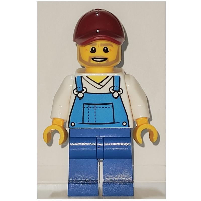 Homme, salopette bleue sur chemise à col en V blanche, casquette rouge foncé, barbe (Man, Blue Overalls over White V-Neck Shirt, Dark Red Cap, Beard)