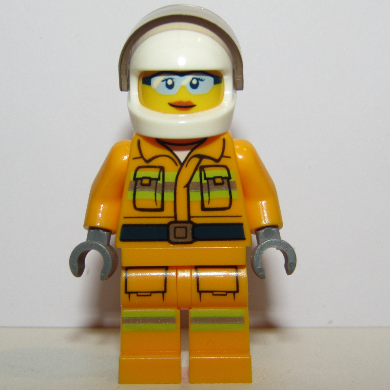 Pompière, tenue de pompier orange clair vif, casque blanc avec visière, lunettes de soleil bleu clair (Firewoman, Bright Light Orange Fire Suit, White Helmet with Visor, Light Blue Sunglasses)