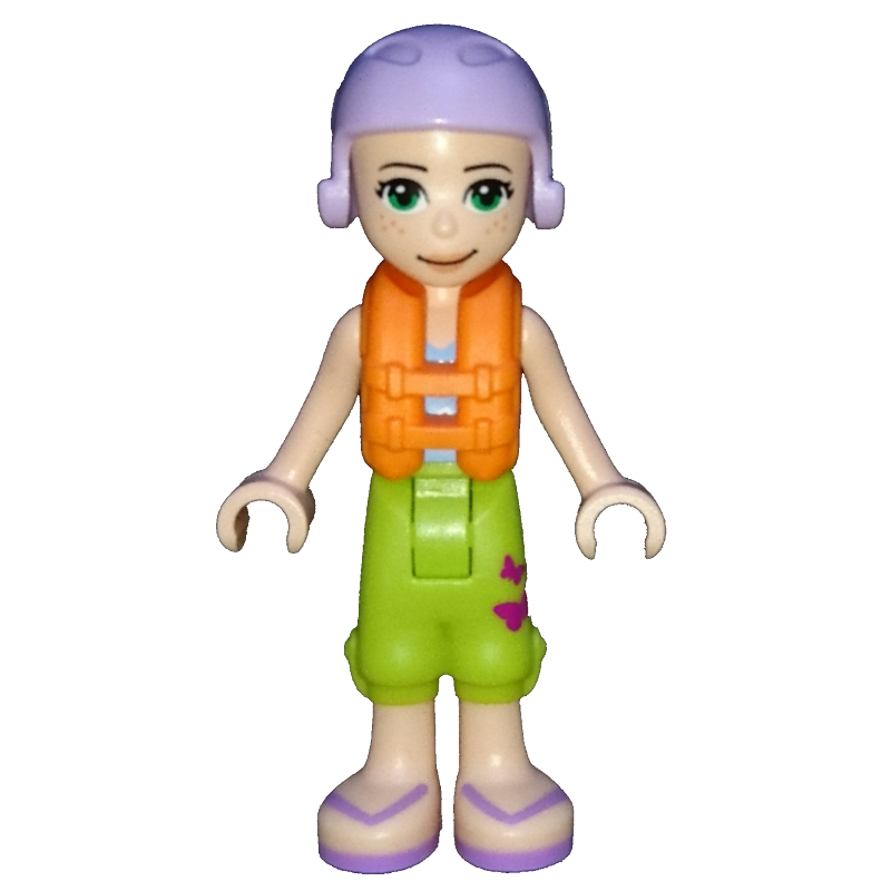 Mia — haut azur moyen, pantalon vert citron, casquette lavande, gilet de sauvetage (Mia - Medium Azure Top, Lime Trousers, Lavender Cap, Life Vest)