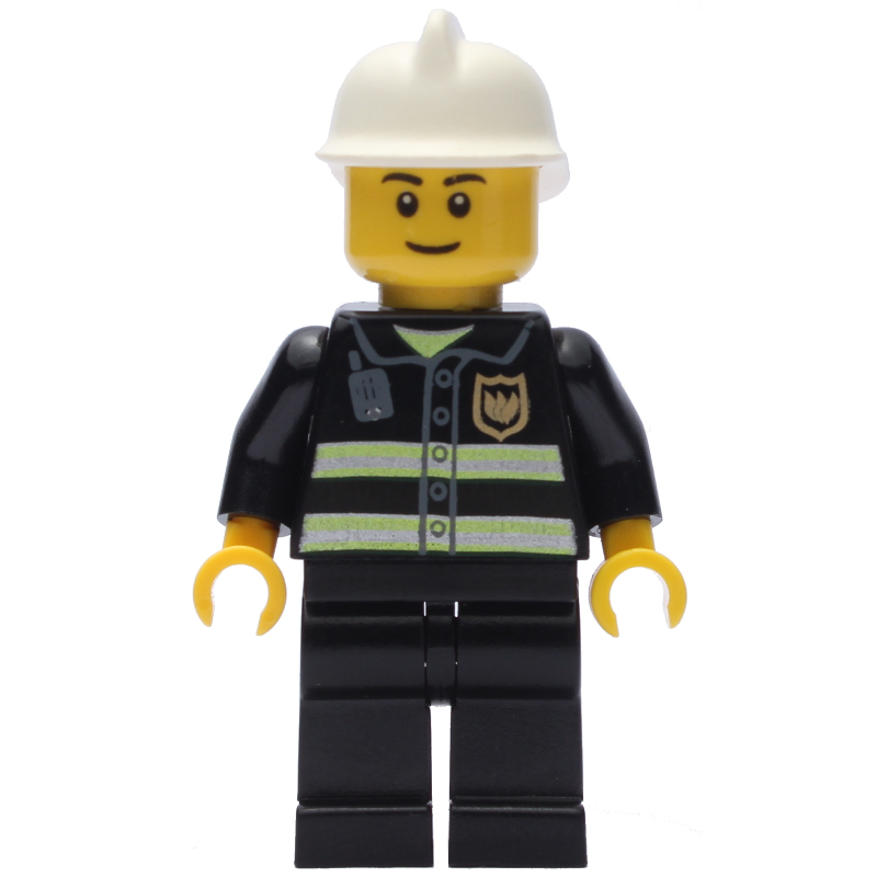 Pompier, veste de feu noir avec bandes réfléchissantes, radio et badge, casque blanc (Fireman, Black Fire Jacket with Reflective Stripes, Radio, and Badge, White Helmet)