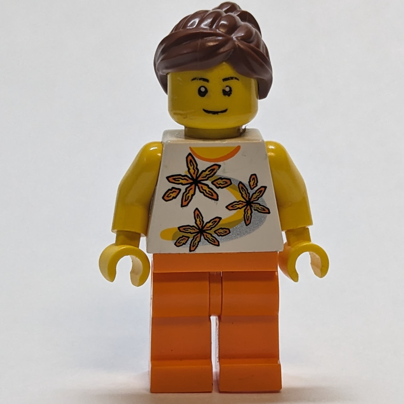 Torse blanc avec des fleurs, jambe orange, queue de cheval brun foncé (White Torso with Flowers, Orange Leg, Dark Brown Ponytail)