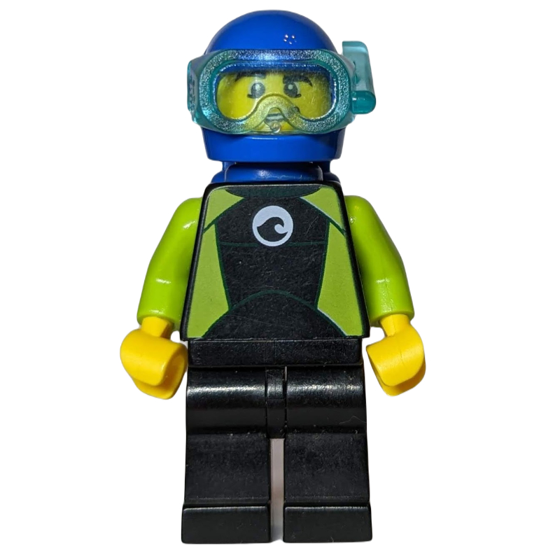 Plongeur, homme, combinaison de plongée noire et vert citron, casque bleu et masque (Diver, Man, Black and Lime Wetsuit, Blue Helmet and Mask)
