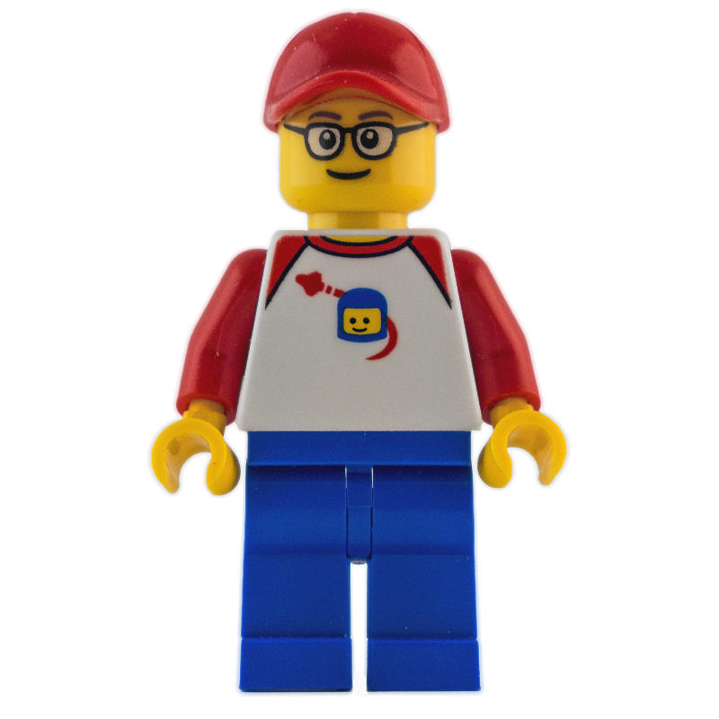 Homme - torse blanc, logo de l'espace classique, jambes bleues, casquette rouge (Man - White Torso, classic Space Logo, Blue Legs, Red Cap)