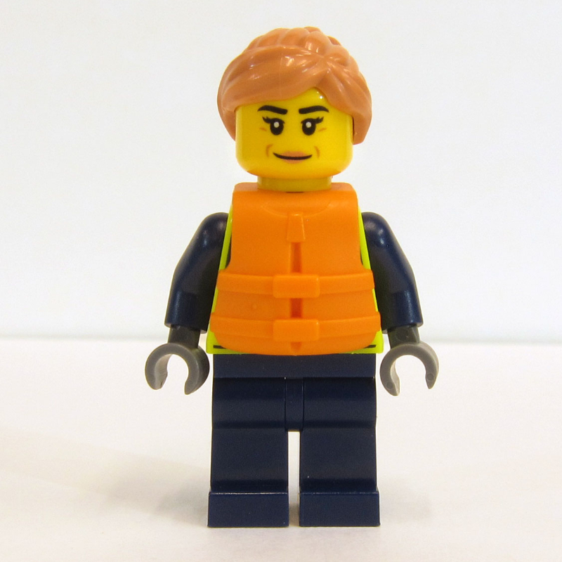 Policier, gilet de police jaune vif, gilet de sauvetage orange, cheveux nougat (Police Officer, Vibrant Yellow Police Vest, Orange Life Jacket, Nougat Hair)