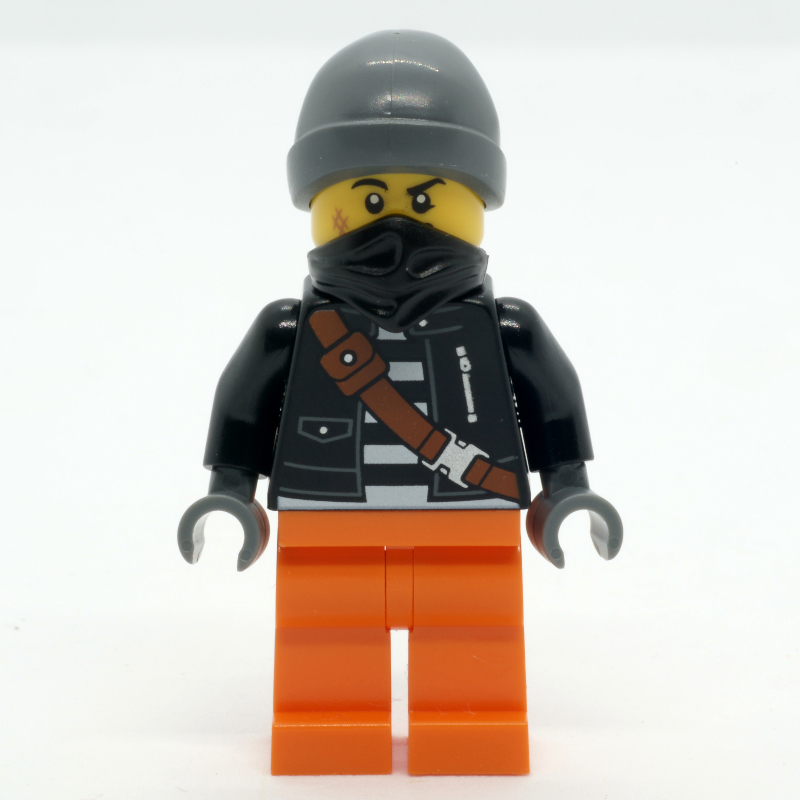 Crook, veste noire, jambes orange, bandana noir, chapeau gris bleuté foncé (Crook, Black Jacket, Orange Legs, Black Bandana, Dark Bluish Gray Hat)