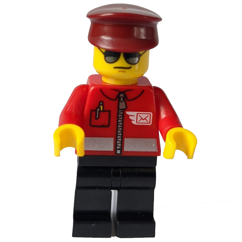 Postier, veste rouge avec logo de lettre ailée, jambes noires, chapeau rouge foncé, lunettes de soleil (Postal Worker, Red Jacket with Winged Letter Logo, Black Legs, Dark Red Hat, Sunglasses)