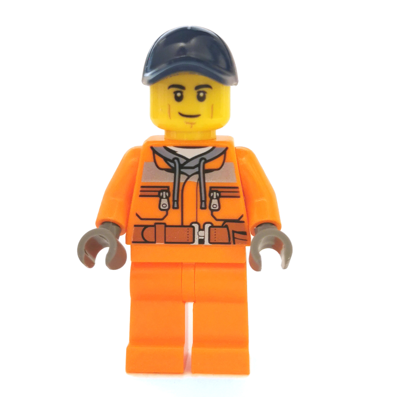 Ouvrier de chantier, veste de sécurité sur sweat à capuche avec ceinture, jambes orange, casquette bleu foncé (Construction Worker, Safety Jacket over Hoodie with Belt, Orange Legs, Dark Blue Cap)