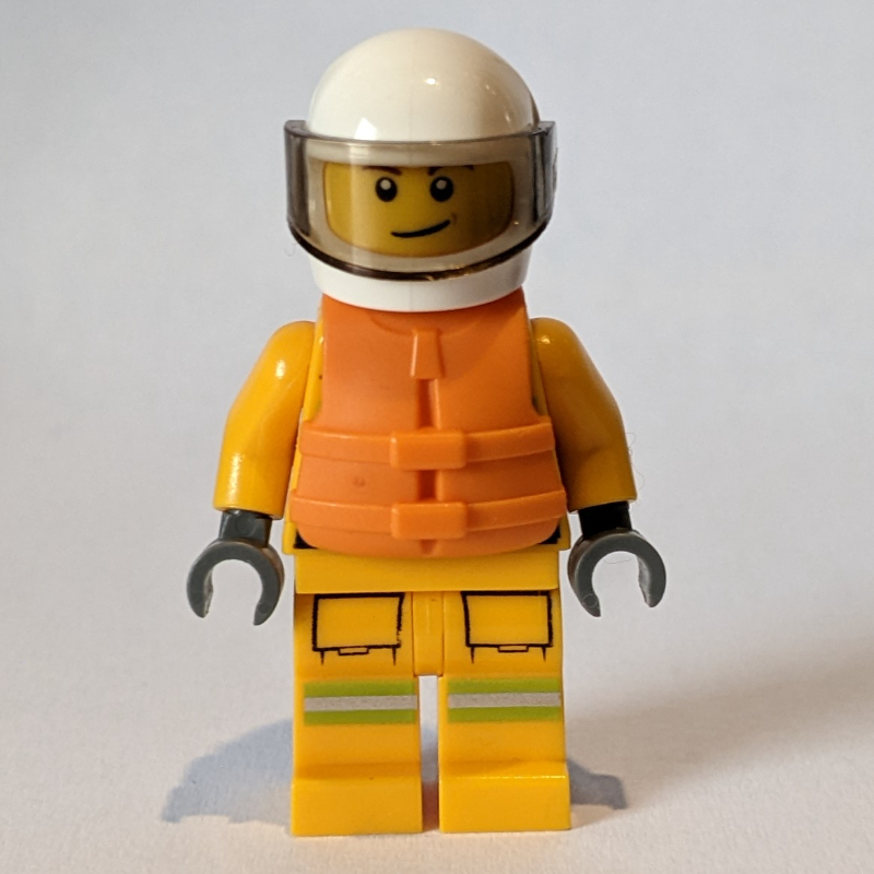 Pompier, tenue de pompier orange clair vif, casque blanc avec visière, gilet de sauvetage orange (Fireman, Bright Light Orange Fire Suit, White Helmet with Visor, Orange Life Vest)