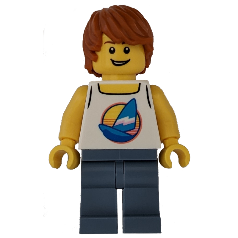 Surfeur, débardeur blanc avec planche à voile, jambes bleu sable (Surfer, White Tank Top with Windsurfer, Sand Blue Legs)