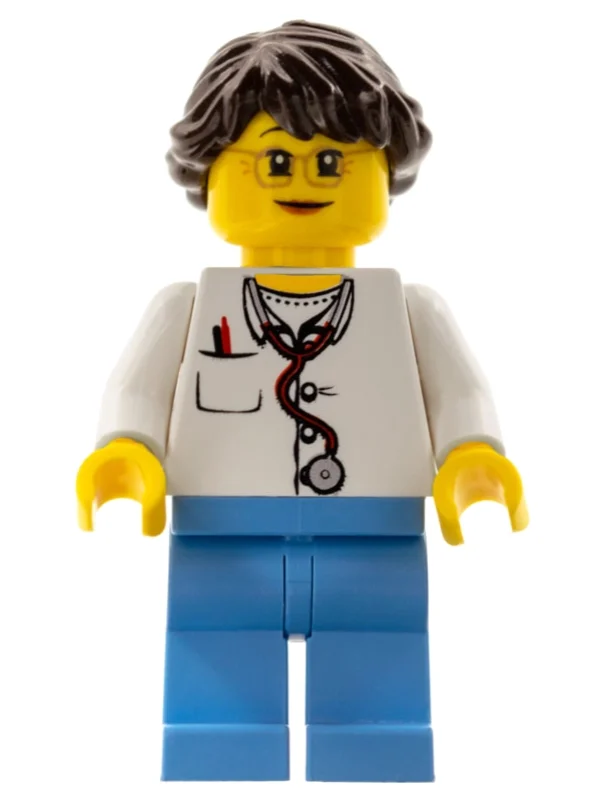 Médecin, femme, chemise blanche avec poche et stéthoscope, jambes moyennes bleues, cheveux brun foncé, lunettes (Doctor, Woman, White Shirt with Pocket and Stethoscope, Medium Blue Legs, Dark Brown Hair, Glasses)