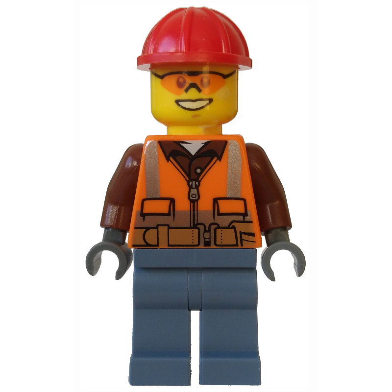 Bûcheron, gilet de sécurité orange avec fermeture éclair sur chemise brun rougeâtre, jambes bleu sable, casque de chantier rouge, lunettes de sécurité orange (Lumberjack, Orange Safety Vest with Zipper over Reddish Brown Shirt, Sand Blue Legs, Red Hard Hat, Orange Safety Glasses)