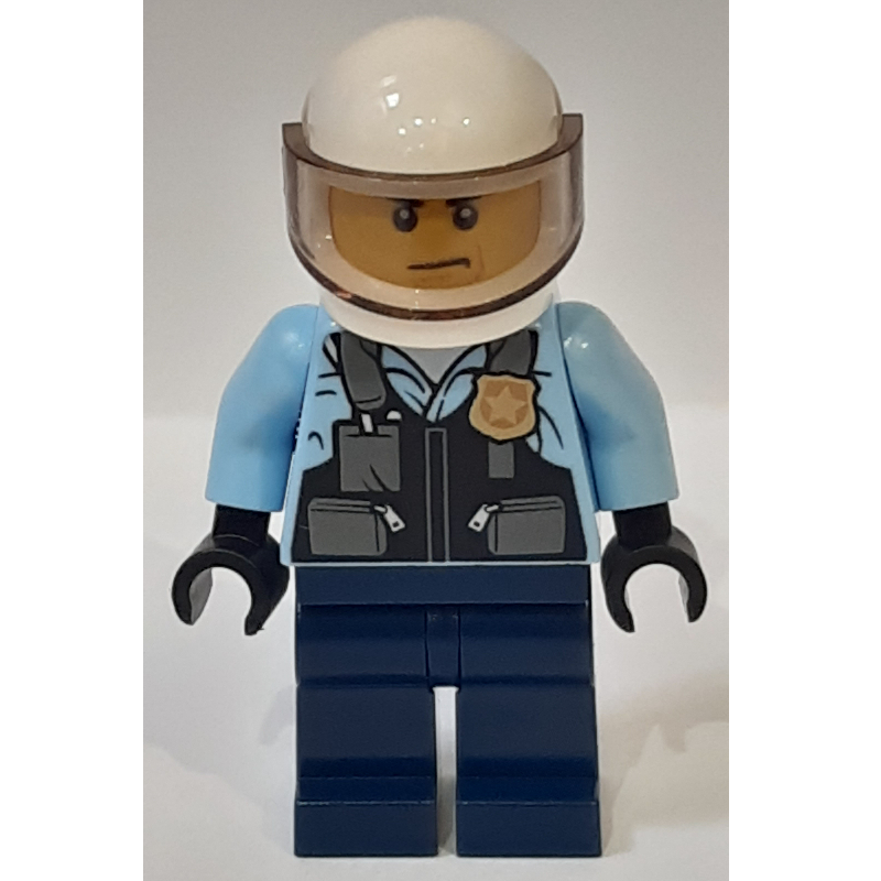 Policier, gilet noir avec badge et poches sur chemise bleu clair lumineux, jambes bleu foncé, casque blanc avec visière (Policeman, Black Vest with Badge and Pouches over Bright Light Blue Shirt, Dark Blue Legs, White Helmet with Visor)