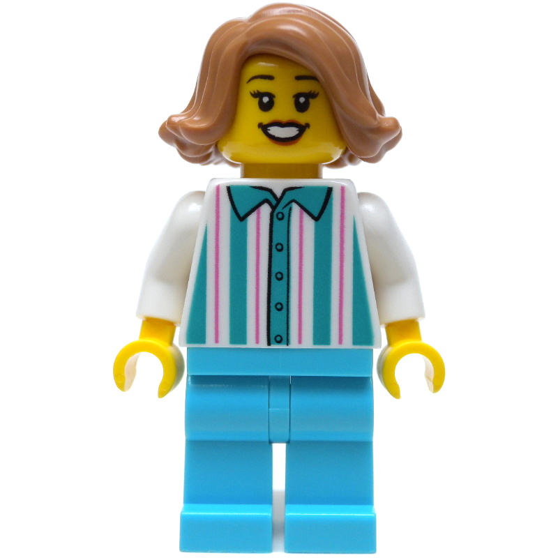 Femme, chemise à rayures turquoise blanches et foncées, jambes blanches, cheveux nougat moyen (Woman, Shirt with White and Dark Turquoise Stripes, White Legs, Medium Nougat Hair)