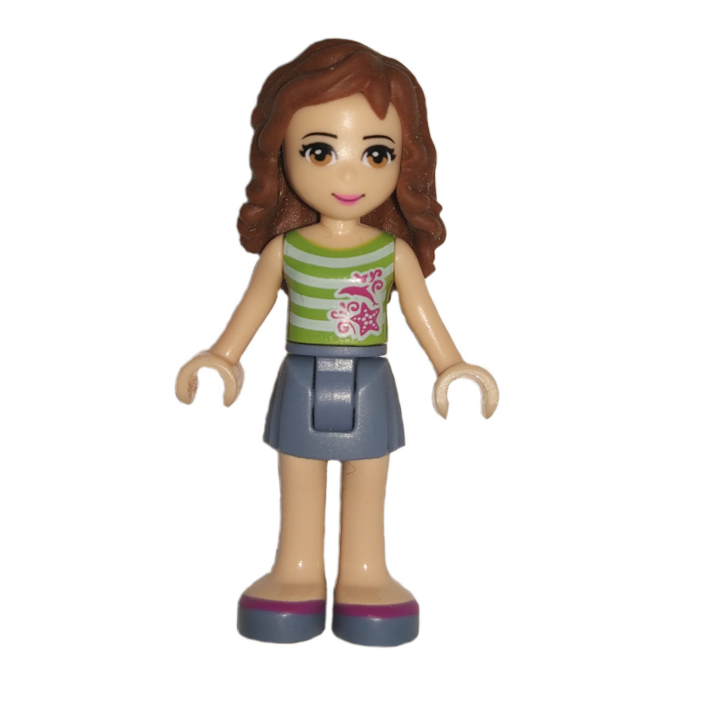 Olivia — haut blanc et vert citron, jupe bleu sable (Olivia - White/Lime top, Sand Blue Skirt)