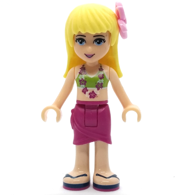 Stephanie — bikini vert citron, jupe magenta, fleur rose vif (Stephanie - Lime Bikini, Magenta Skirt, Bright Pink Flower)