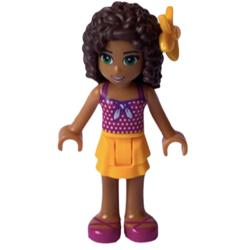 Andrea — haut magenta, jupe orange clair vif, fleur (Andrea - Magenta Top, Bright Light Orange Skirt, Flower)