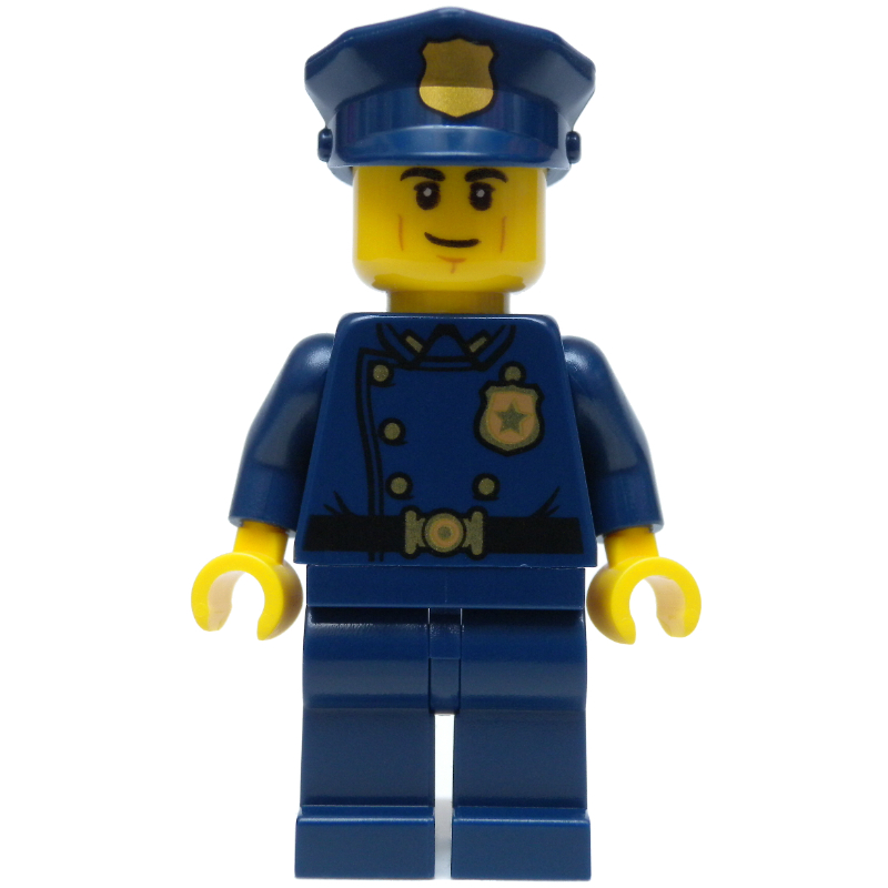 Policier, costume bleu foncé avec de grands revers et des boutons dorés, chapeau de police (Policeman, Dark Blue Suit with Large Lapels and Gold Buttons, Police Hat)