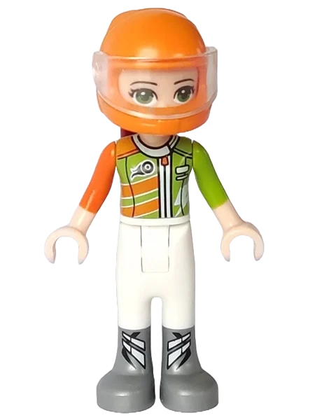 Mia — costume de course orange clair / vert citron, casque orange clair vif (Mia - Bright Light Orange/Lime Racing Suit, Bright Light Orange Helmet)