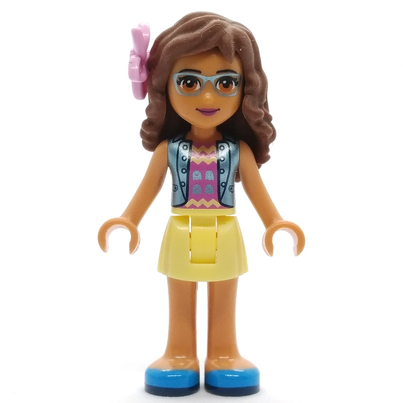 Olivia — veste bleu moyen, jupe jaune clair vif, fleur (Olivia - Medium Blue Jacket, Bright Light Yellow Skirt, Flower)